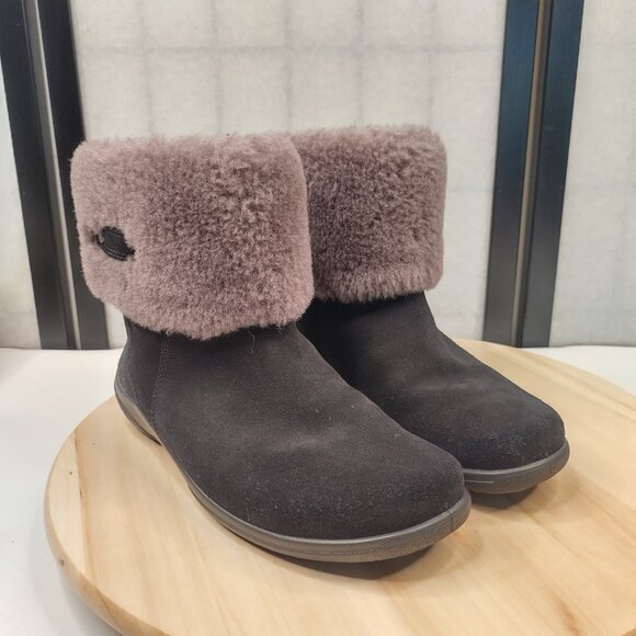 Abeo Zahra Suede Shearling Cuff Sheepskin Water Resistant Black Boots Women US 7 - Picture 2 of 12